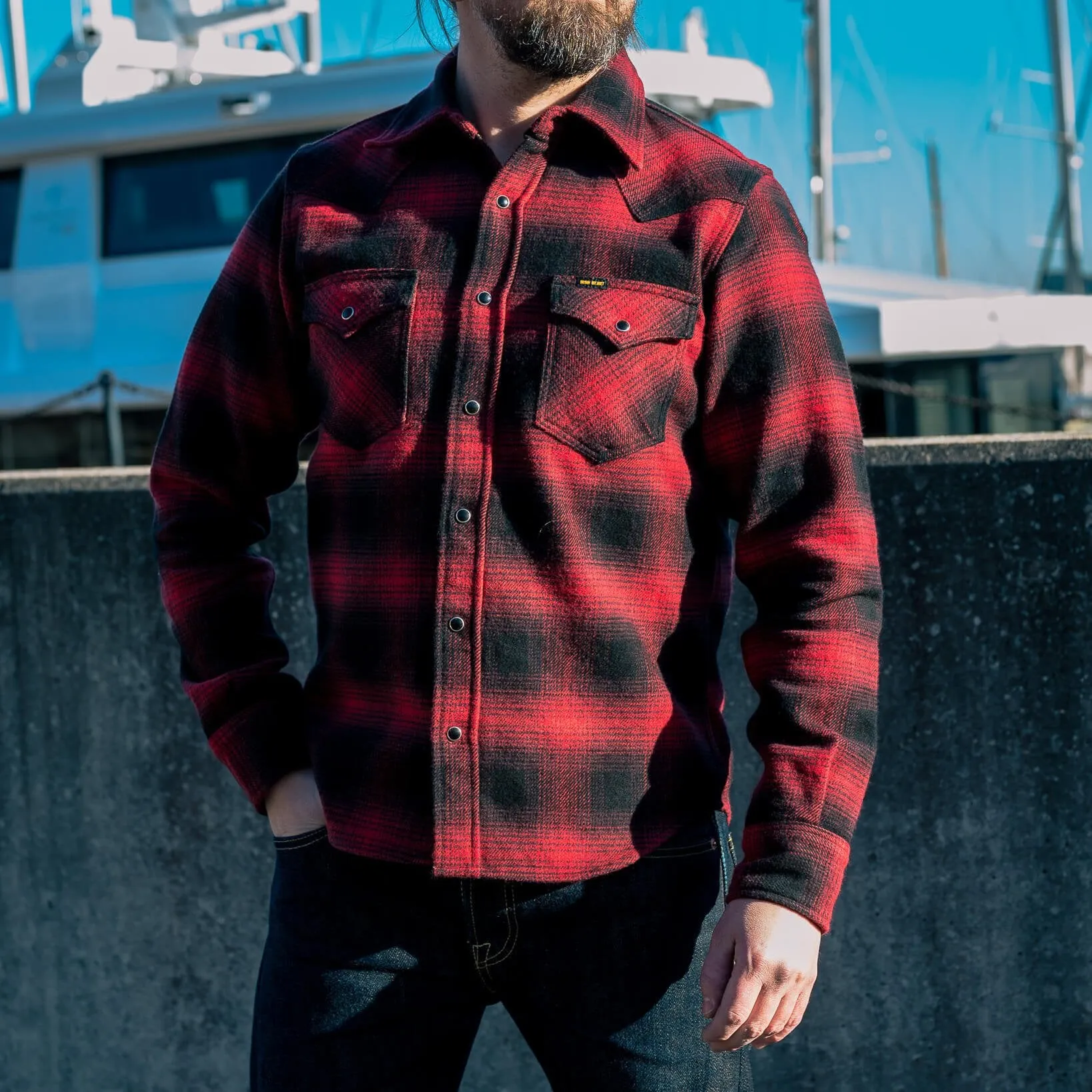 Iron Heart - Western Shirt - Ultra Heavy Flannel Ombré Check - Red/Black sold by Dutil Denim