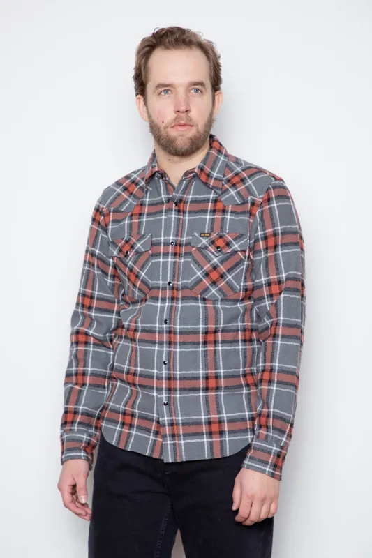 Iron Heart - Western Shirt - 12oz Slubby Heavy Flannel Herringbone Check Grey sold by Dutil Denim