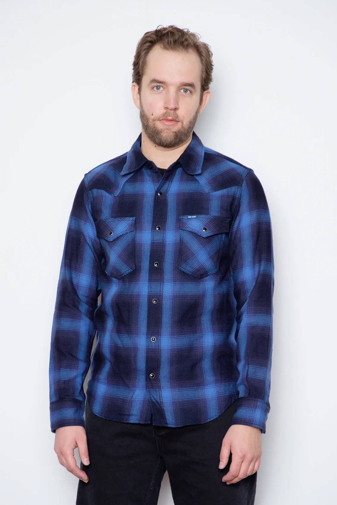 Iron Heart - Western Shirt - 9oz Selvedge Ombré Check Indigo sold by Dutil Denim