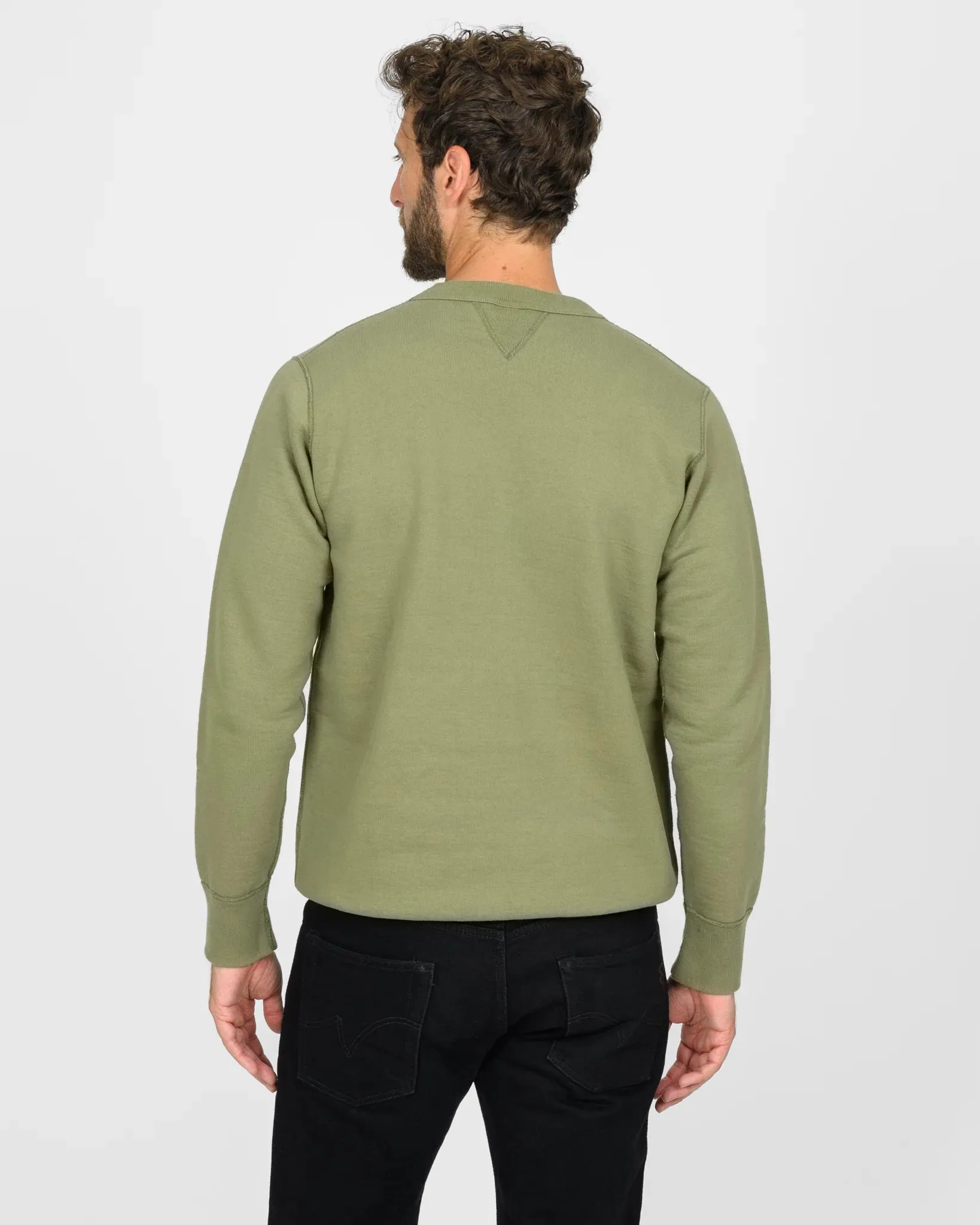Iron Heart - 14oz Ultra Heavyweight Loopwheel Cotton Crew Neck Sweat - Olive sold by Dutil Denim product image thumbnail 3