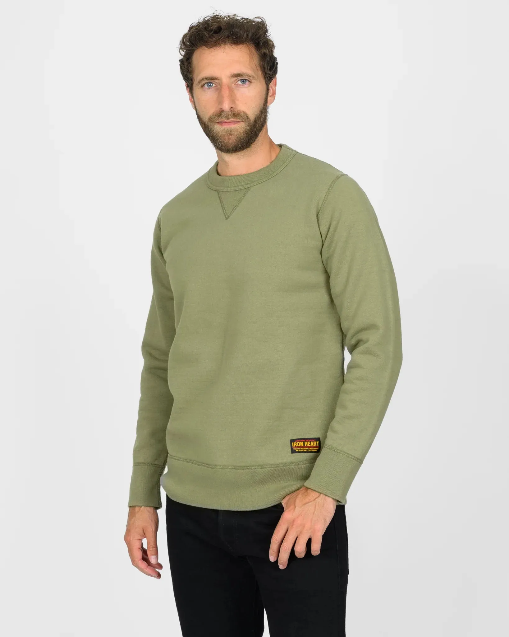 Iron Heart - 14oz Ultra Heavyweight Loopwheel Cotton Crew Neck Sweat - Olive sold by Dutil Denim product image thumbnail 2
