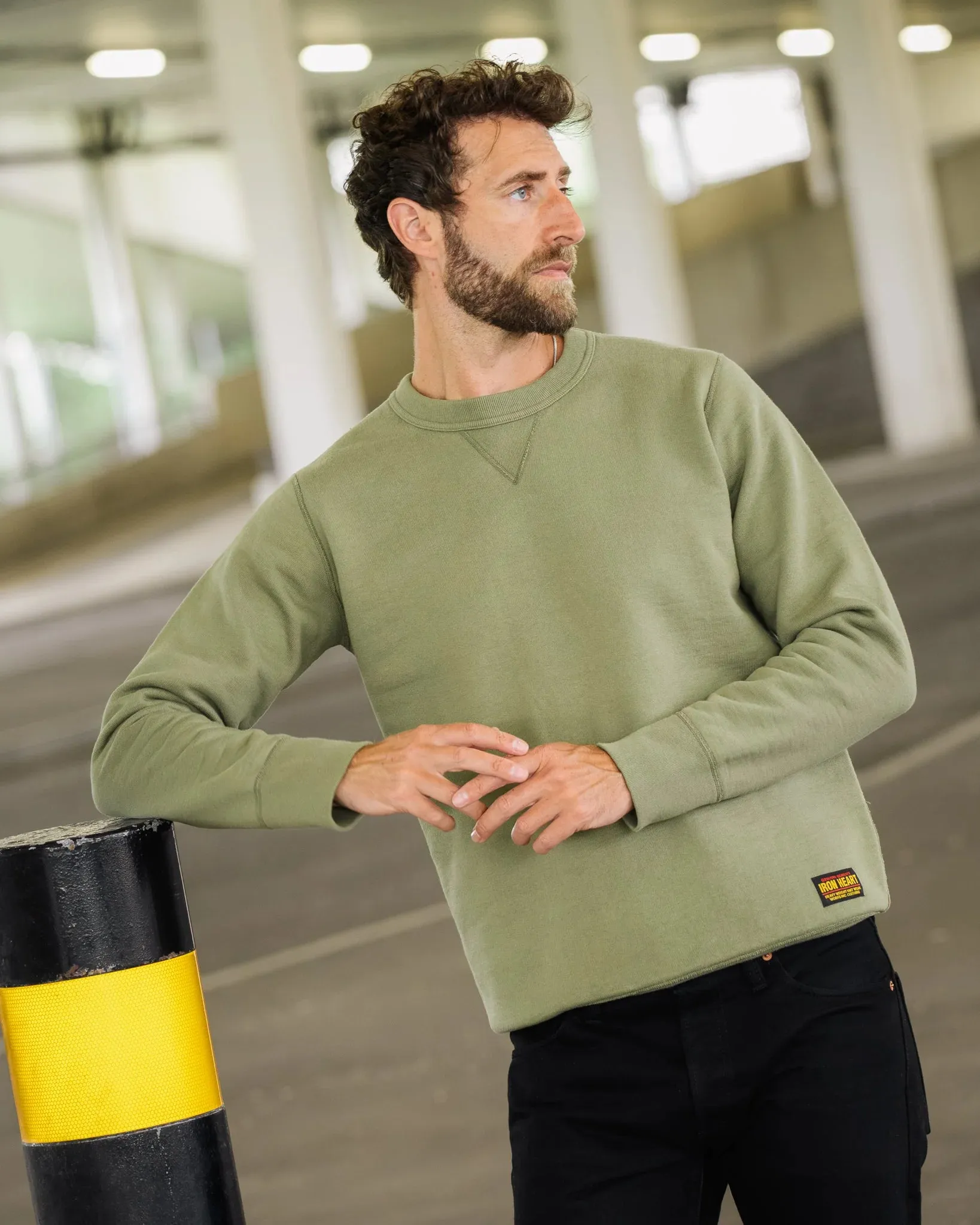 Iron Heart - 14oz Ultra Heavyweight Loopwheel Cotton Crew Neck Sweat - Olive sold by Dutil Denim product image thumbnail 4