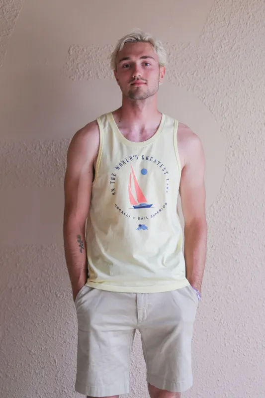 Men's Sunny Skies Greatest Lake Tank sold by Ungalli