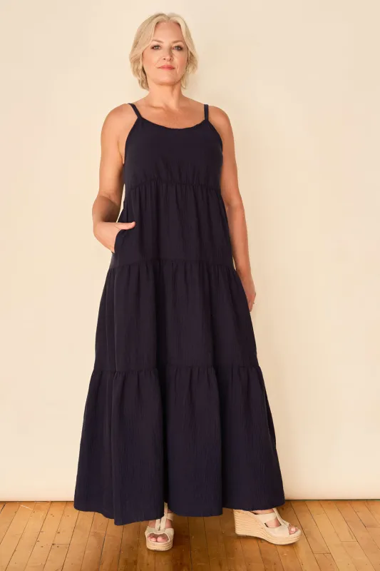 ROSALIE Sustainable Fabric Dress- Navy sold by Anne Mulaire