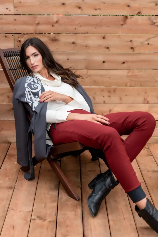 SPIRIT FLEECE Pant- Maroon/ charcoal cuff sold by Anne Mulaire