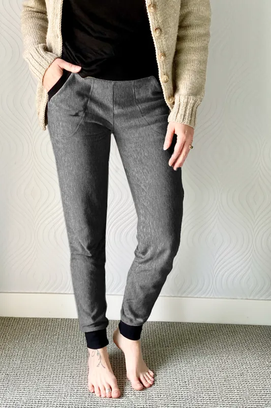 SPIRIT FLEECE Pant- Dark Heather/ black cuff sold by Anne Mulaire