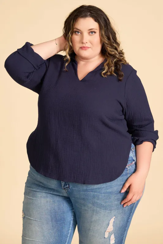 SOLEIL Sustainable Fabric Blouse- Navy sold by Anne Mulaire