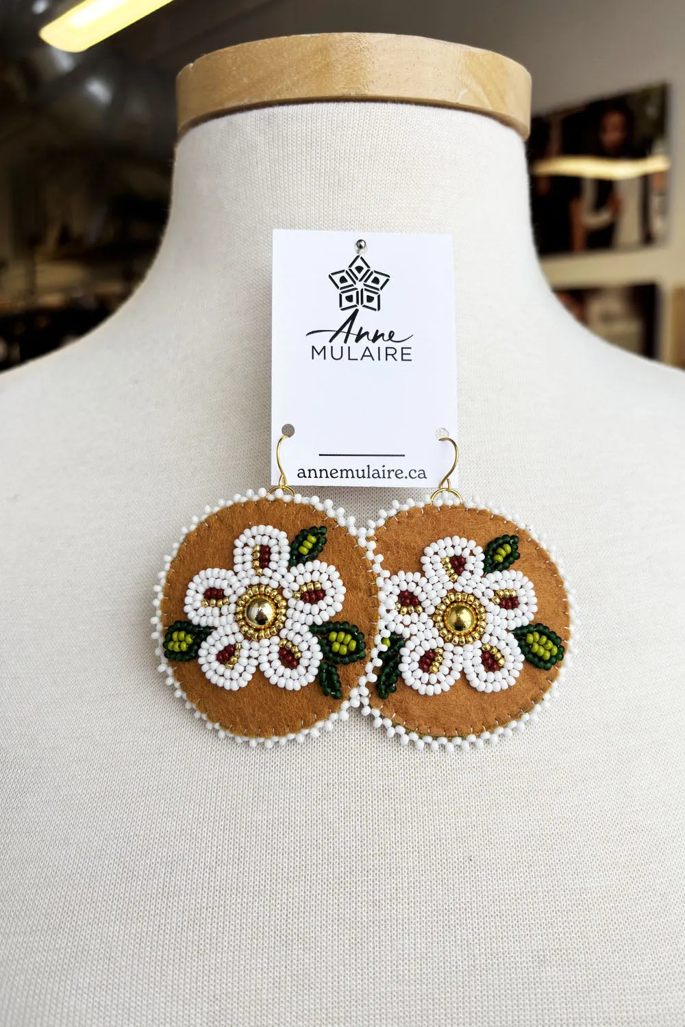 MJ- Metis Large Flower Earrings- White/Brown sold by Anne Mulaire