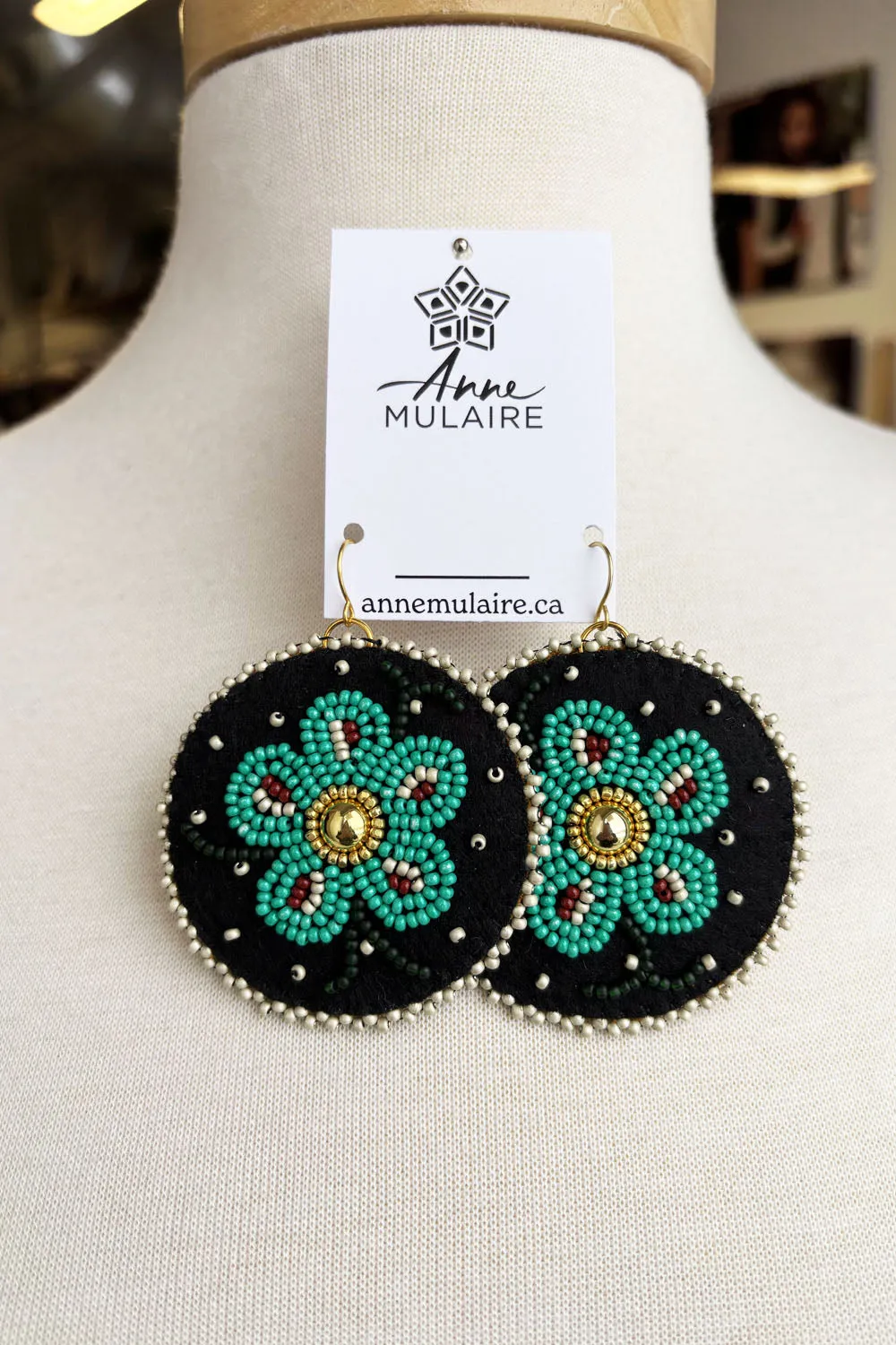 MJ- Metis Large Flower Earrings- Jade/Black sold by Anne Mulaire