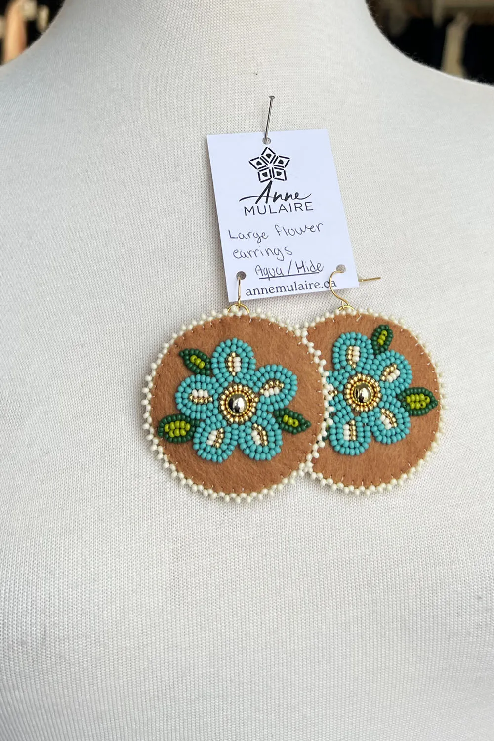 MJ- Metis Large Flower Earrings- Aqua/Brown sold by Anne Mulaire