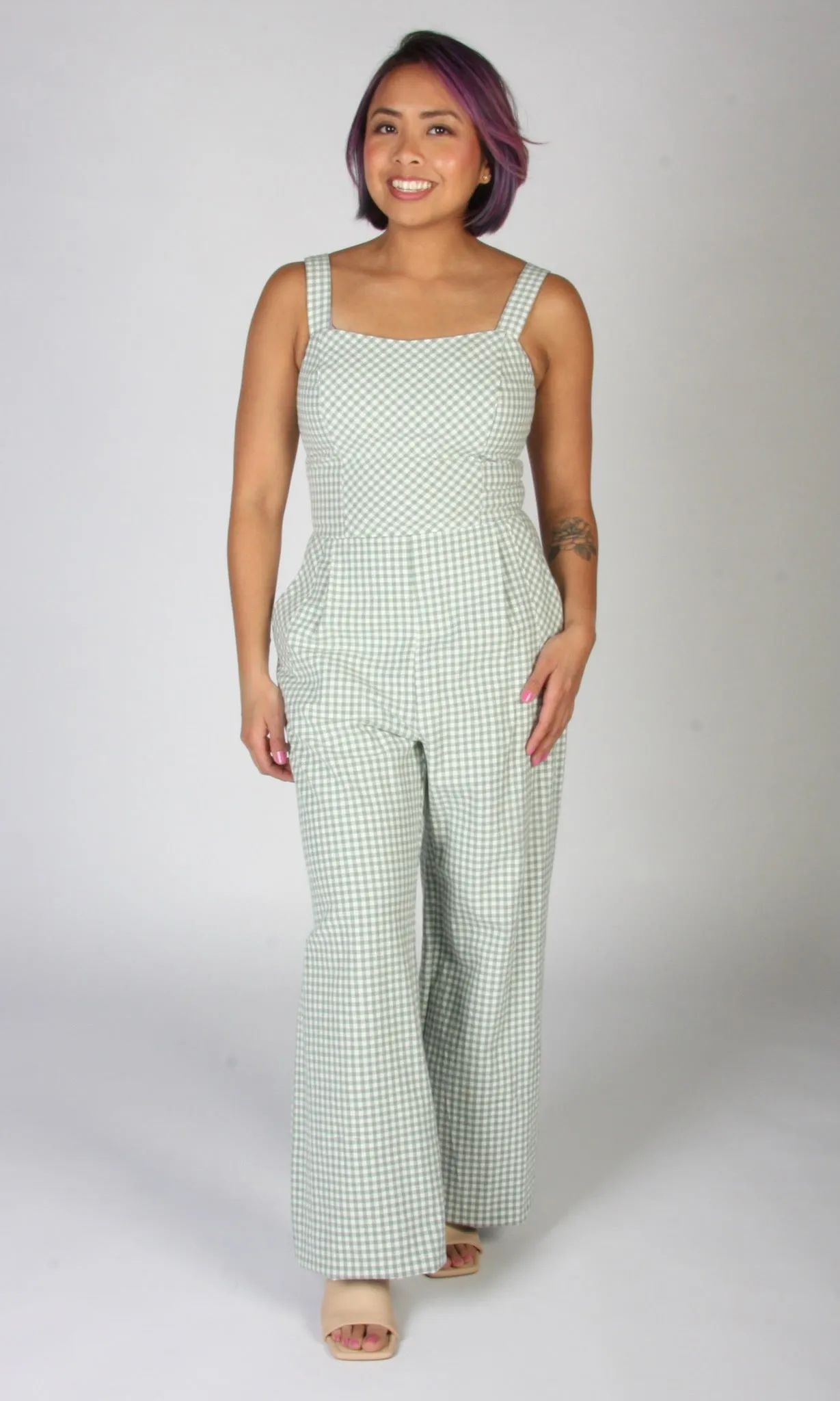 Roadrunner Jumpsuit - Sage Gingham sold by Birds of North America