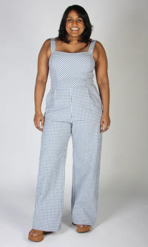 Roadrunner Jumpsuit - Blue Gingham sold by Birds of North America