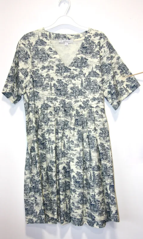 SS493 - L - Citril Finch Dress - Navy Village Toile made by Birds of North America