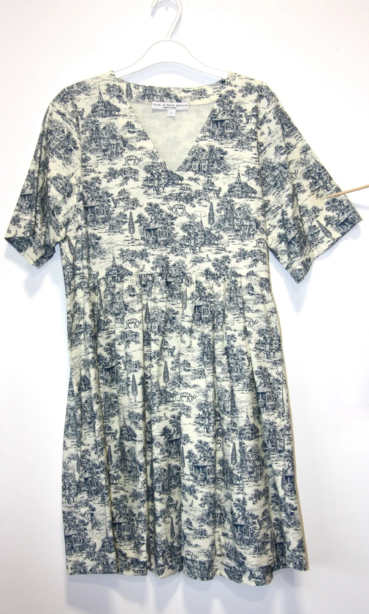 SS493 - L - Citril Finch Dress - Navy Village Toile sold by Birds of North America