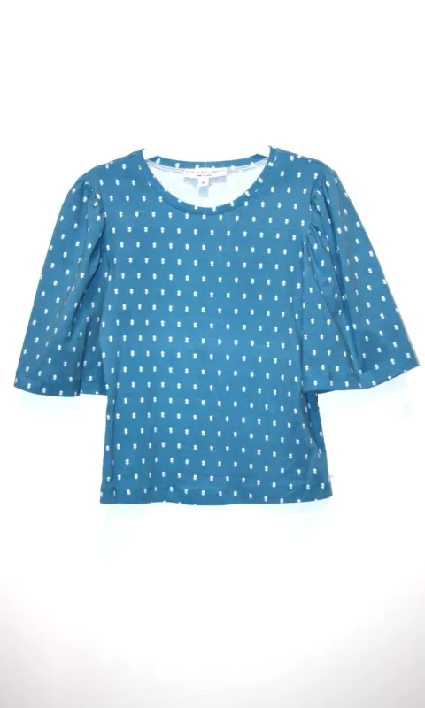 SS683 - XS - Peahen Top -  Blue Flowers made by Birds of North America