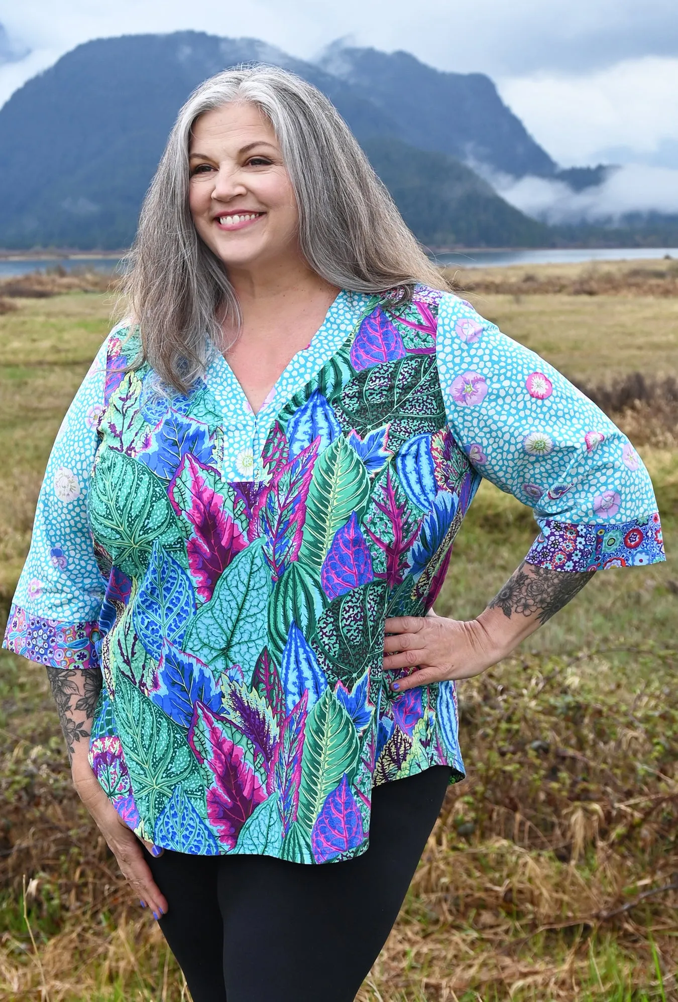 Eden Floral Shirt - Turquoise Coleus - only XL left sold by Cherry Velvet