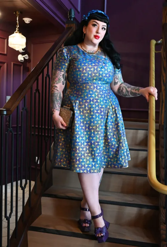 Kim  - Deco D'or Bleu - Metallic Fan Print Dress sold by Cherry Velvet