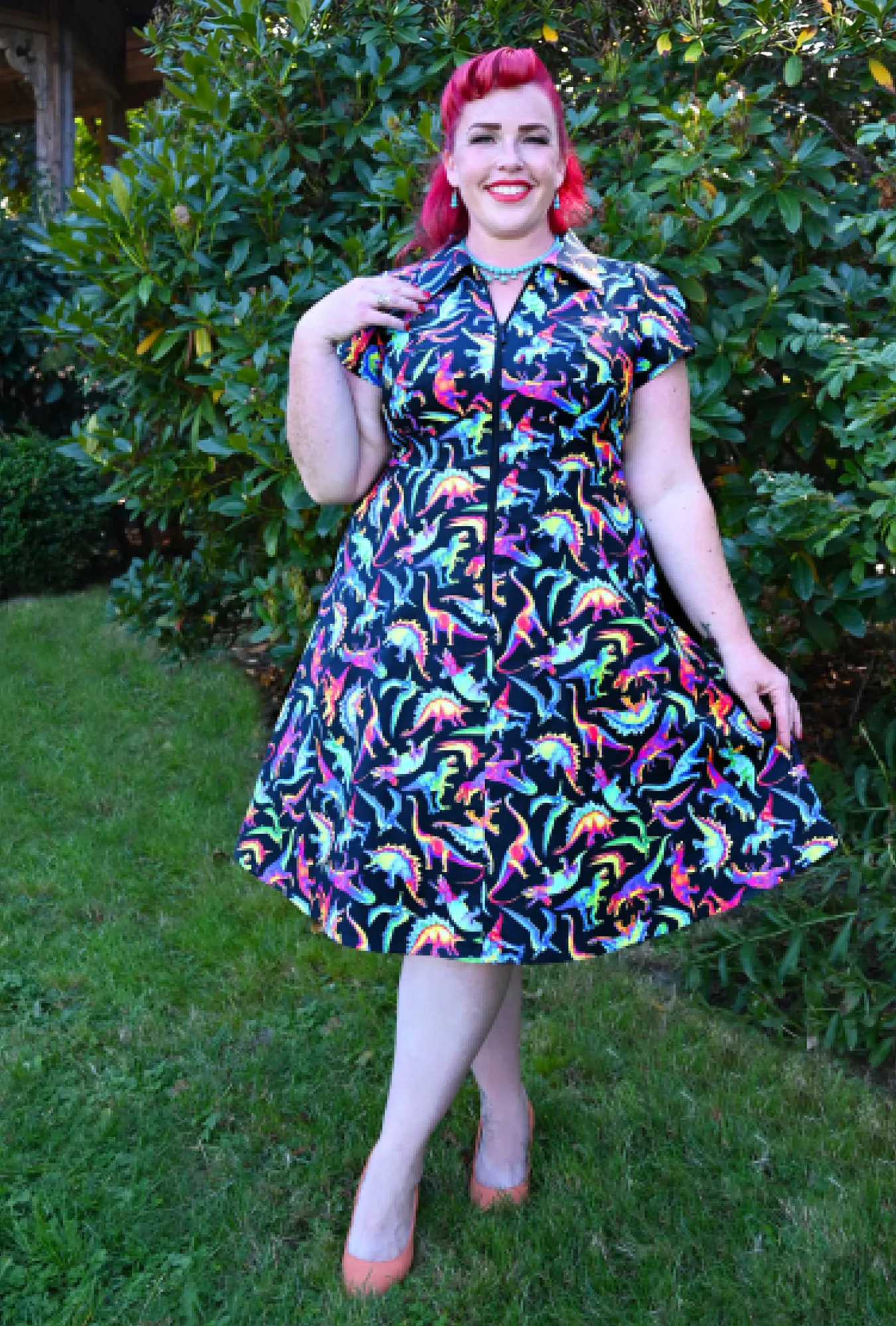 Marie - Trippy Triassic - Dinosaur Dress sold by Cherry Velvet