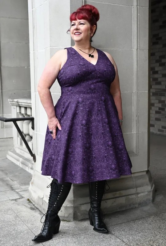 Norma - Baroque 'N' Bones - Purple Skull Dress sold by Cherry Velvet