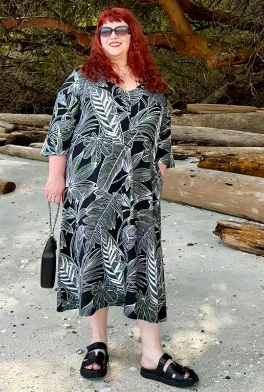 Weekend Dress - Leaf Lines - Tropical Foliage Viscose Knit made by Cherry Velvet
