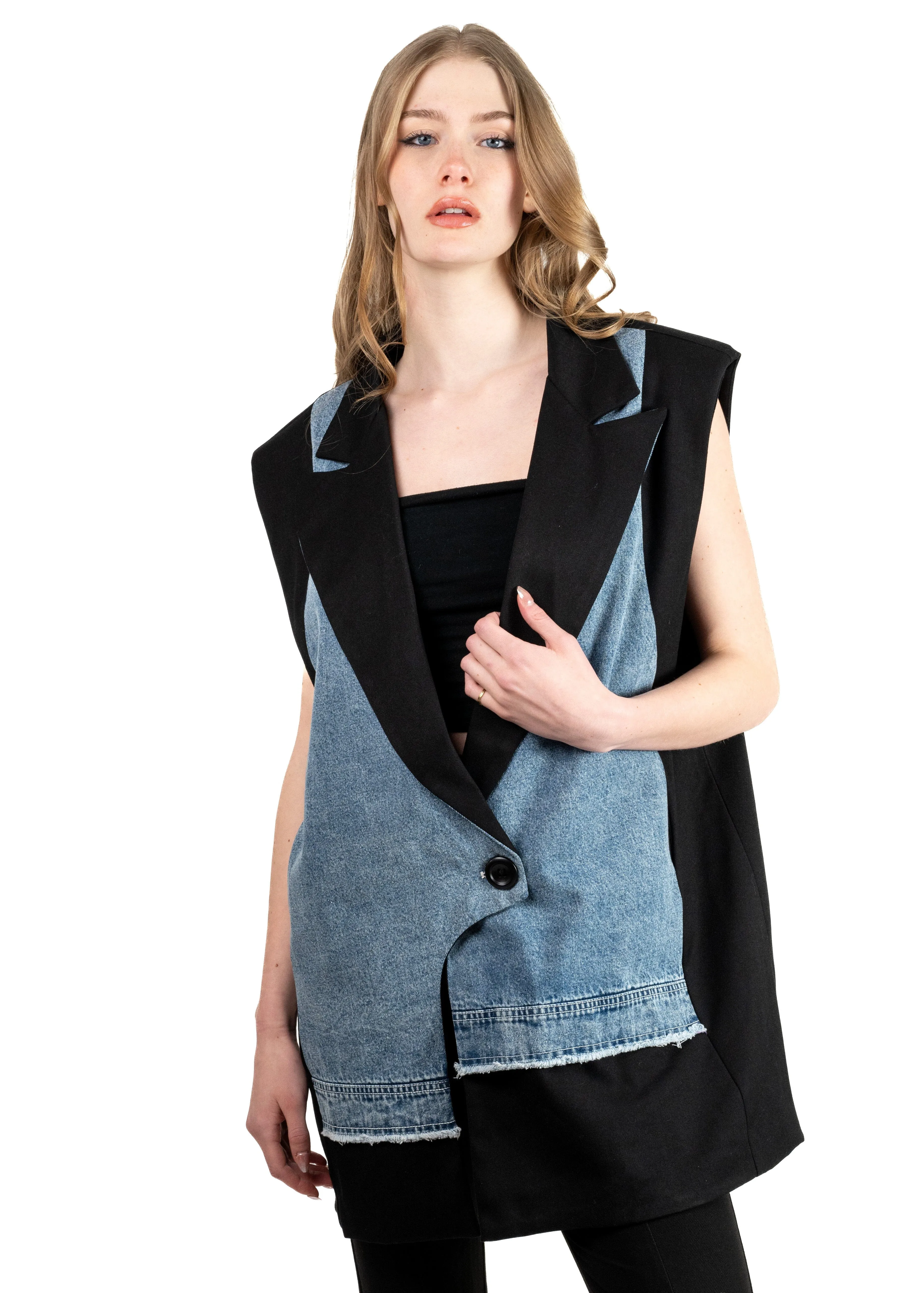 Oversized Denim Contrast Tuxedo Vest sold by Kate Hewko product image thumbnail 3