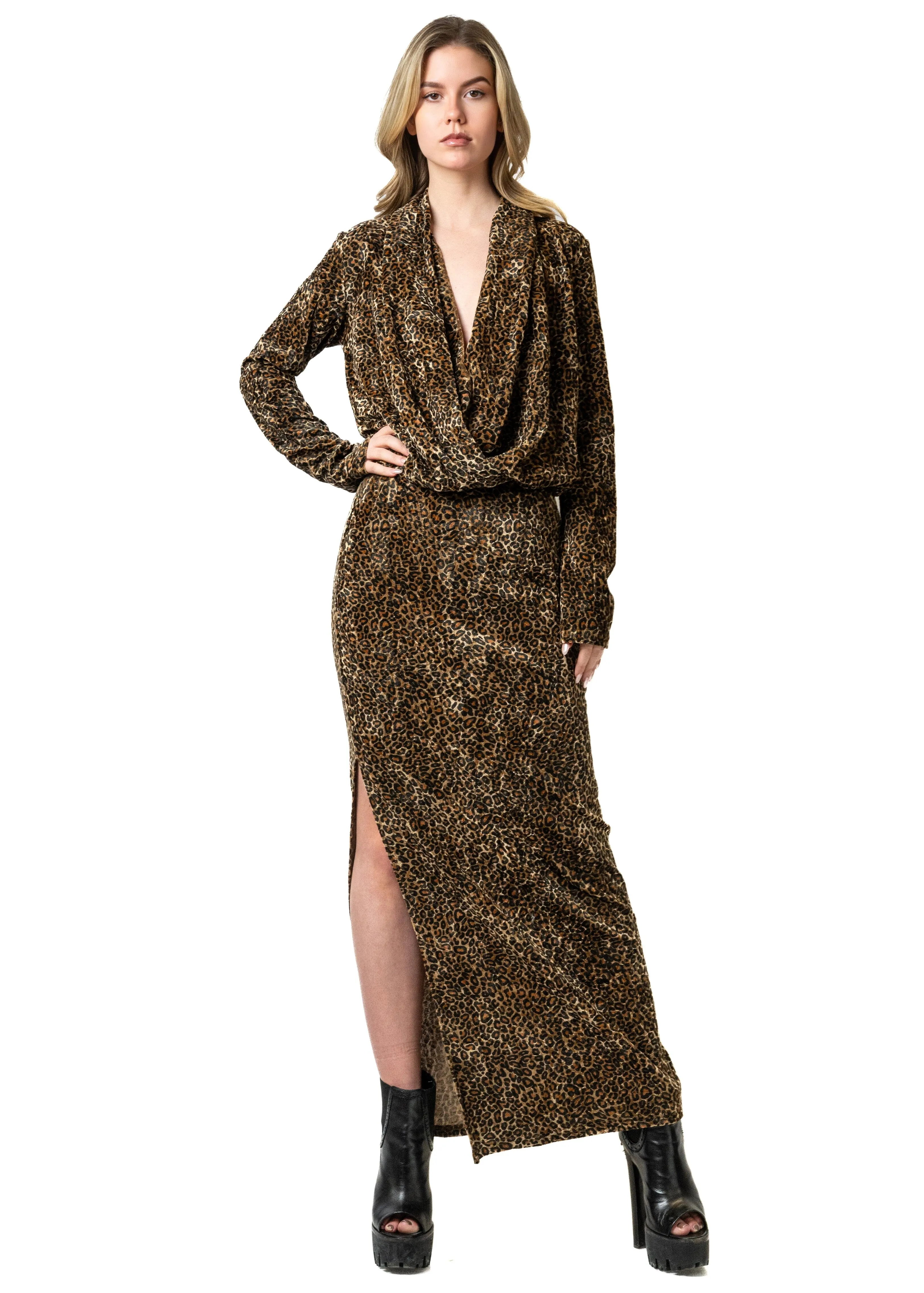 Leopard Velour Long Sleeve Plunge Dress sold by Kate Hewko product image thumbnail 4