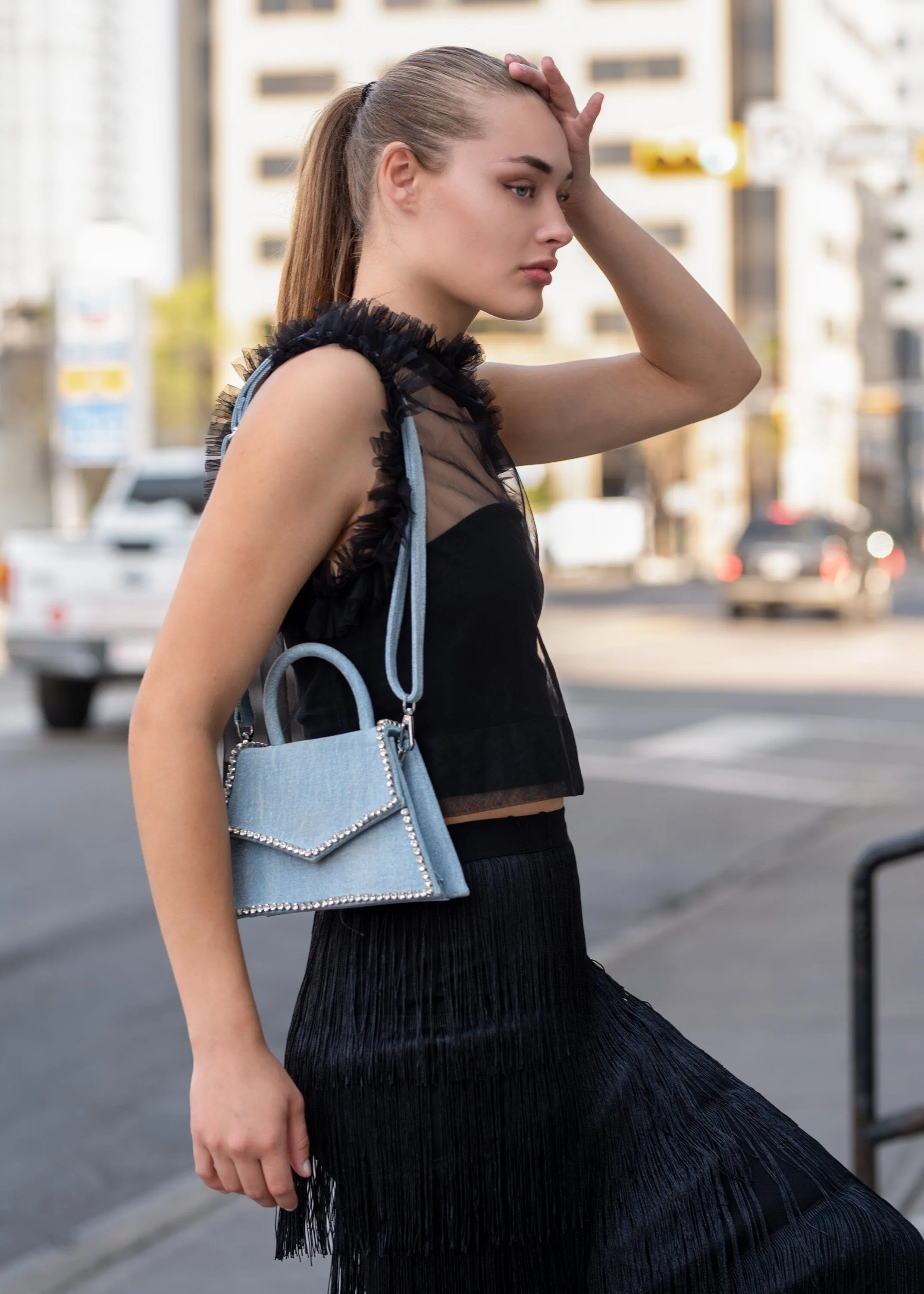Denim + Rhinestone Flap Purse sold by Kate Hewko product image thumbnail 5