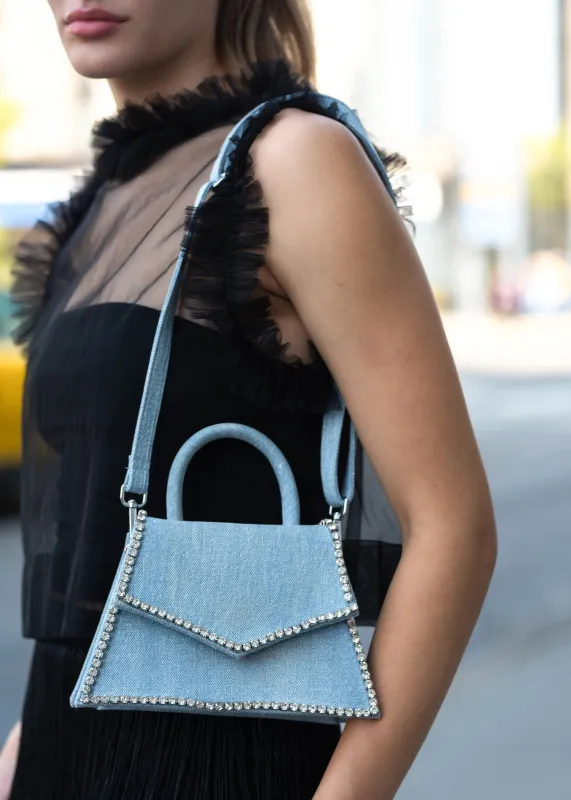 Denim +  Rhinestone Flap Purse sold by Kate Hewko