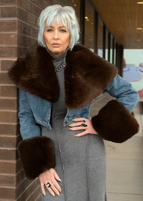 Cropped Denim Faux Fur Trimmed Jacket sold by Kate Hewko