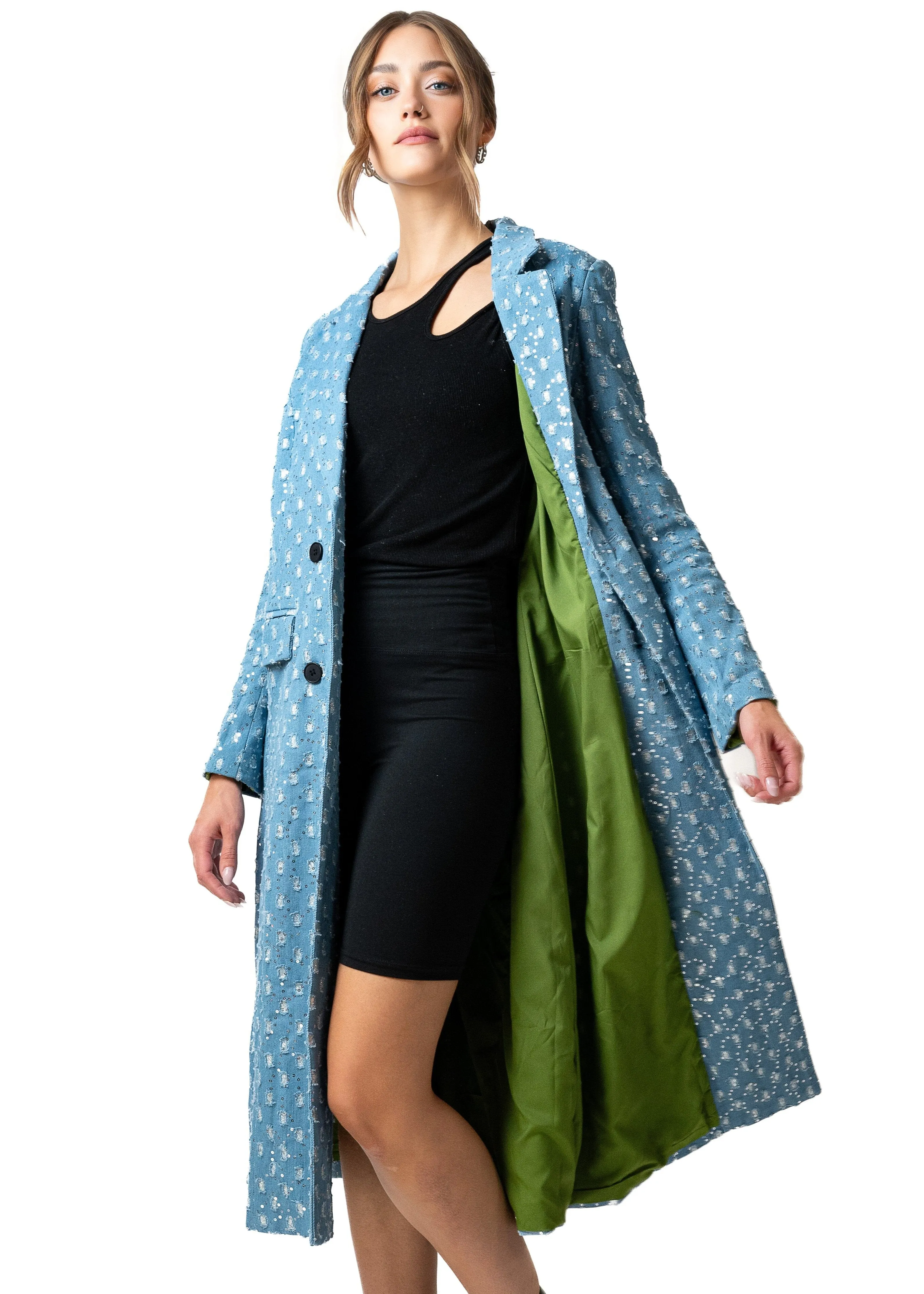 Sequin Distressed Denim Trench sold by Kate Hewko product image thumbnail 5