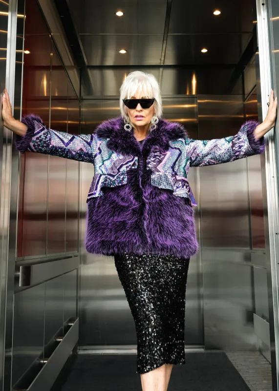 Geometric Sequin Faux Fur Jacket sold by Kate Hewko