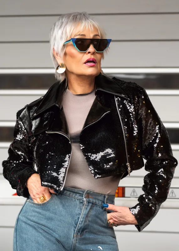 Cropped Patent Sequin Jacket sold by Kate Hewko