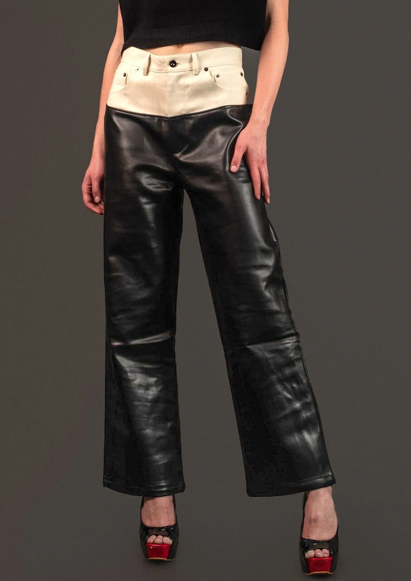 Denim + Leather Contrast Pant sold by Kate Hewko