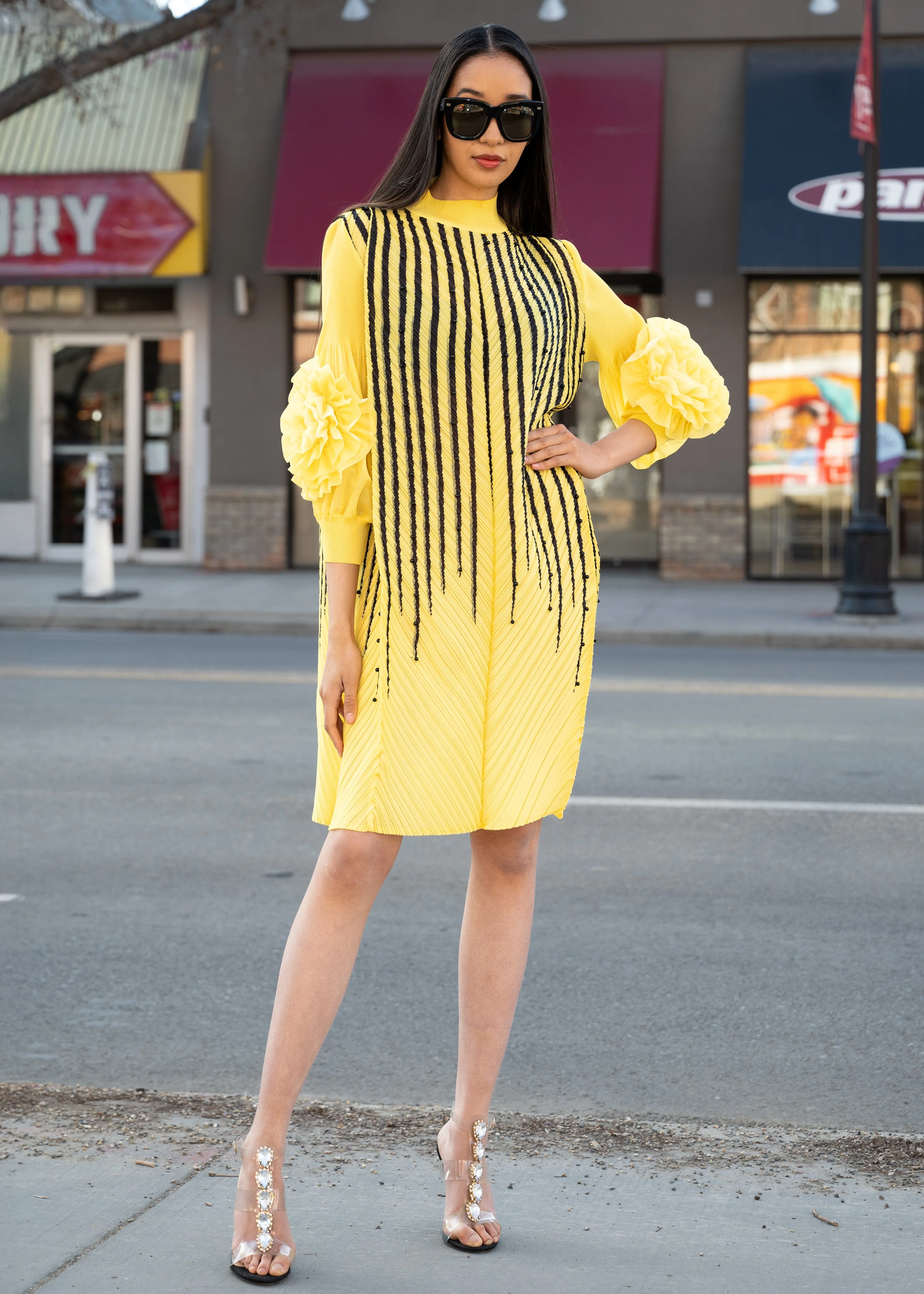 Pearl Striped Petal Sleeve Mock Neck Dress sold by Kate Hewko product image thumbnail 2