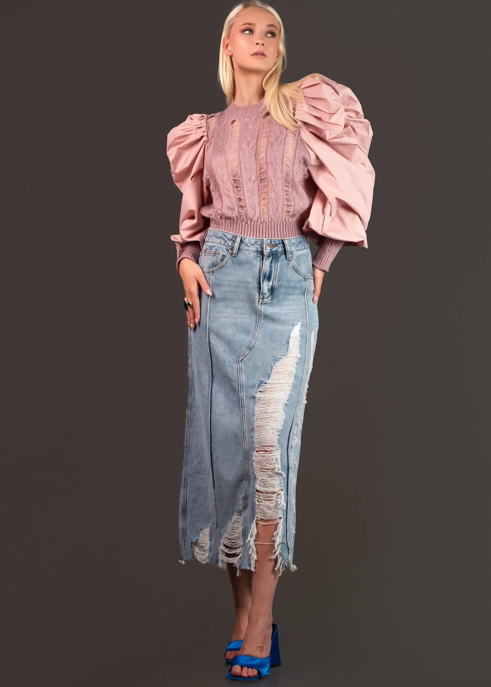 Distressed Denim Midi Skirt sold by Kate Hewko product image thumbnail 2