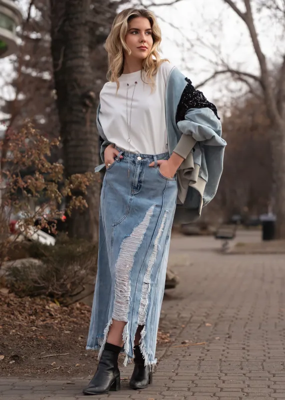 Distressed Denim Midi Skirt sold by Kate Hewko