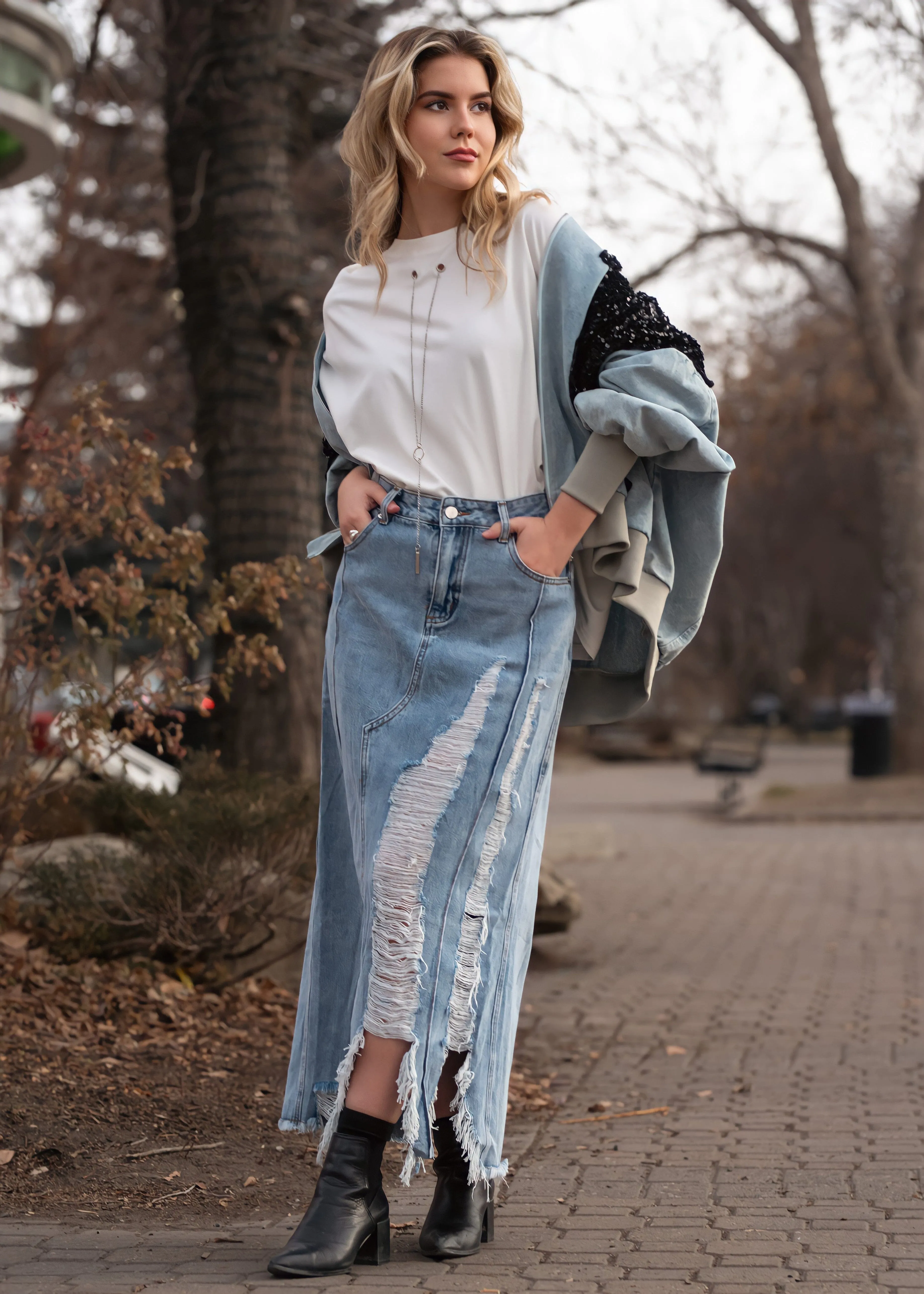 Distressed Denim Midi Skirt sold by Kate Hewko