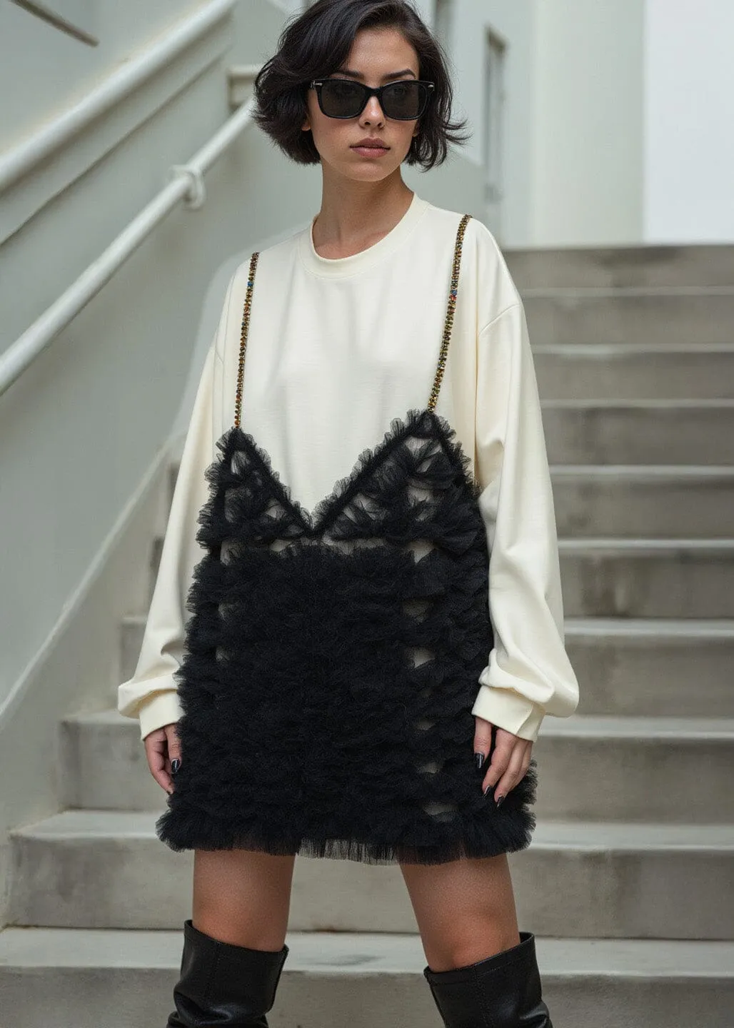 Rhinestone + Tulle Bustier Sweatshirt sold by Kate Hewko