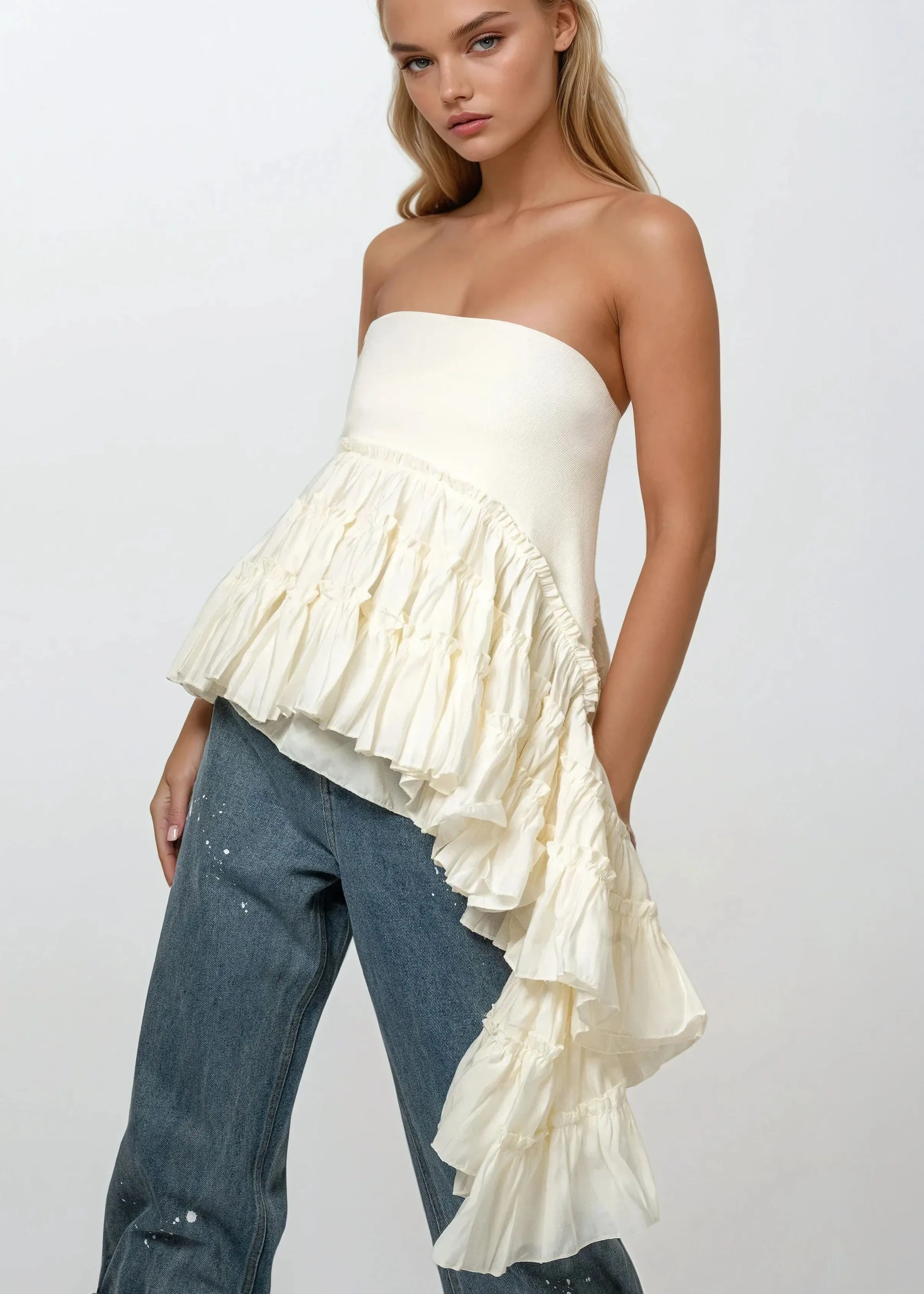 Asymmetrical Ruffle Tube Top sold by Kate Hewko
