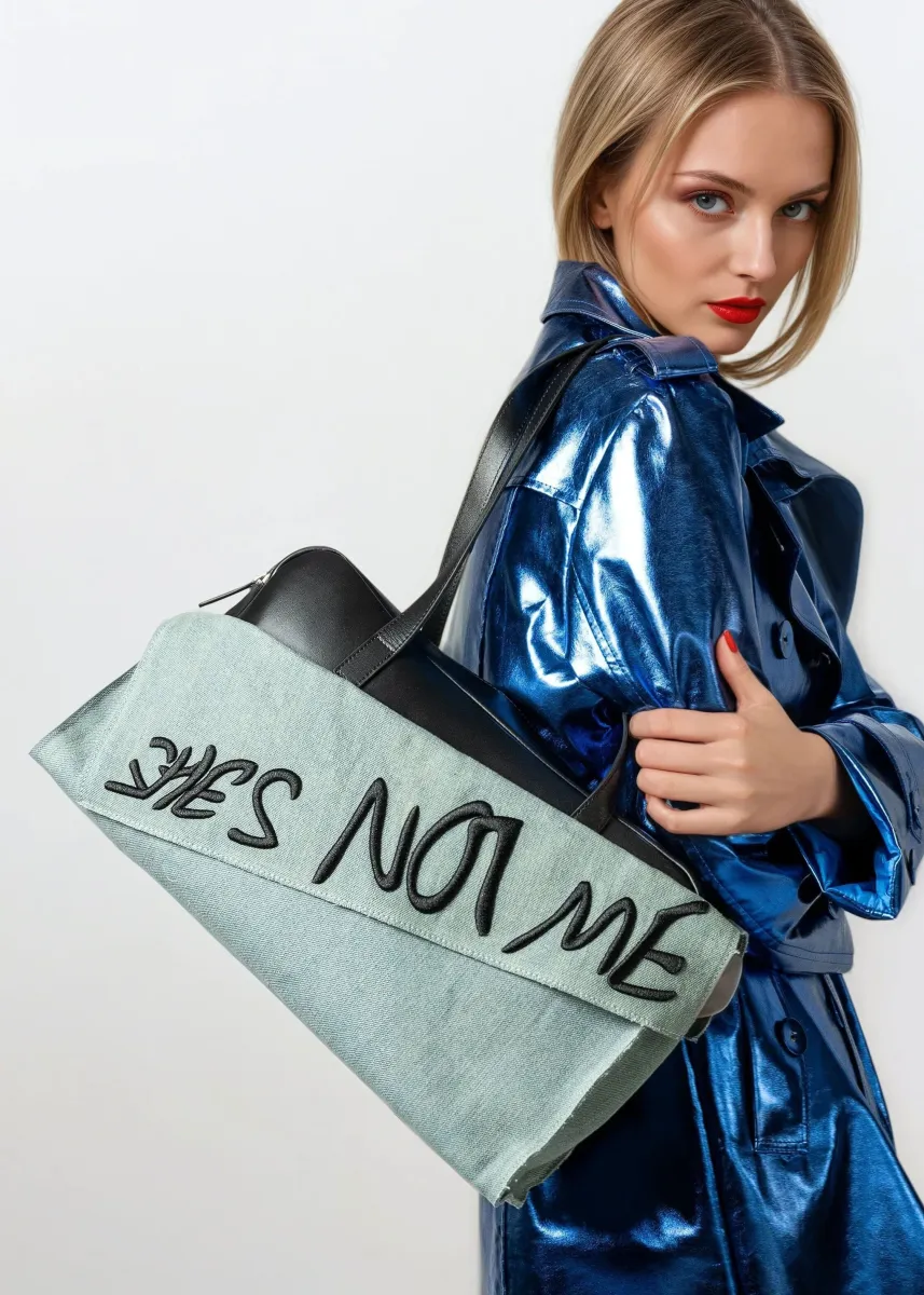 She's Not Me Denim Leather Bag sold by Kate Hewko