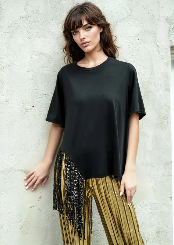 Asymmetrical Sequin Beaded Tassel Tee sold by Kate Hewko