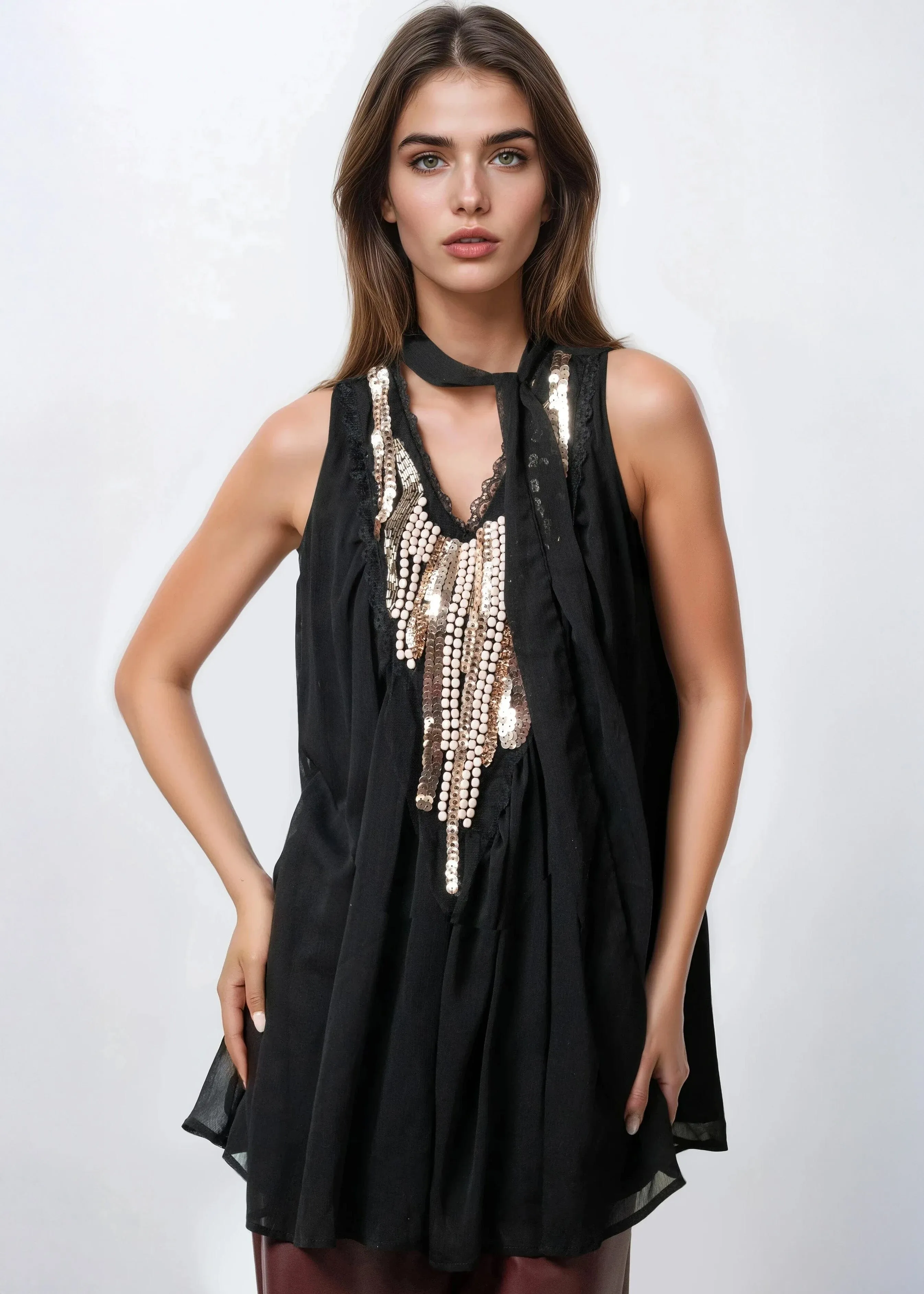 Tie Neck Sequin Chiffon Top sold by Kate Hewko