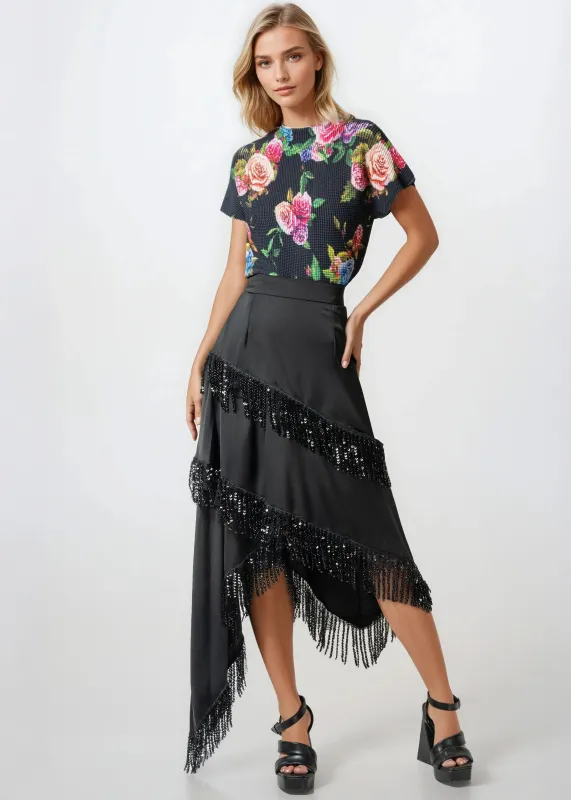 Asymmetrical Sequin Tassel Skirt sold by Kate Hewko