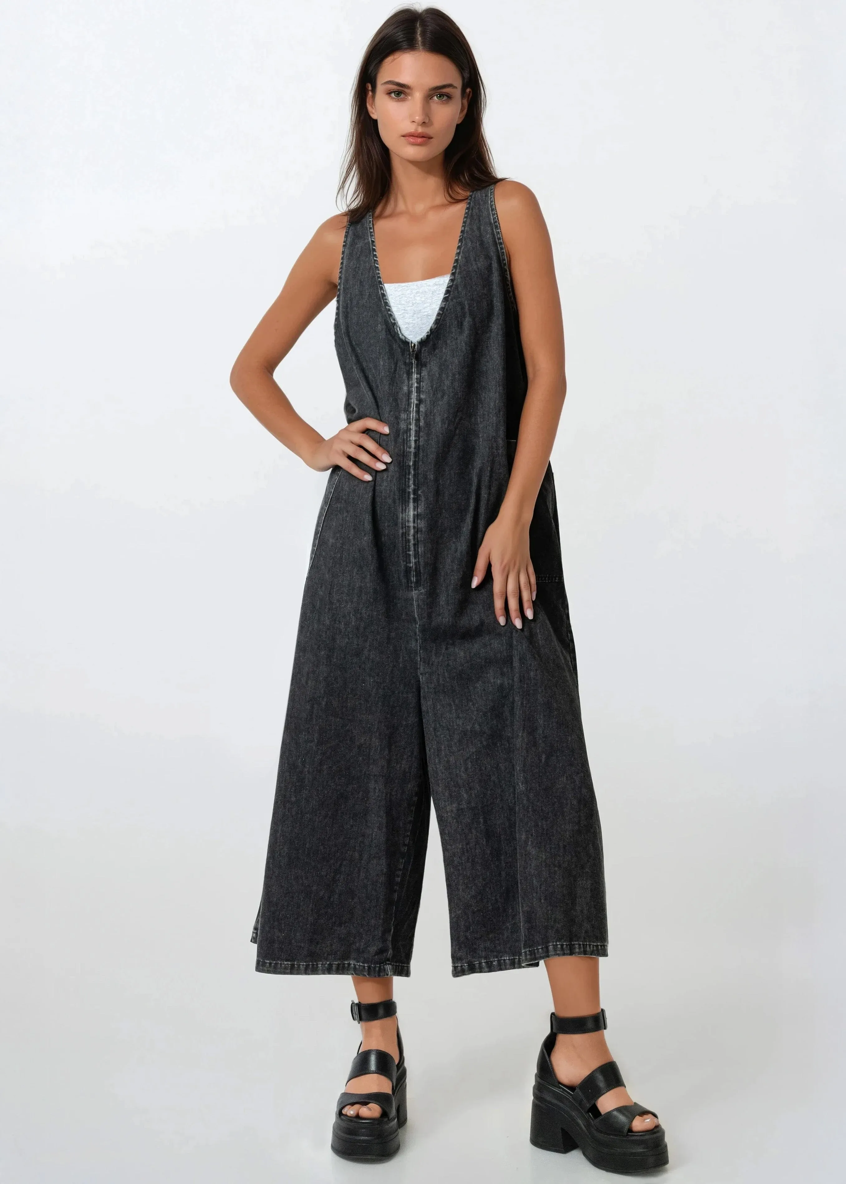 Zip Front Washed Denim Jumpsuit sold by Kate Hewko