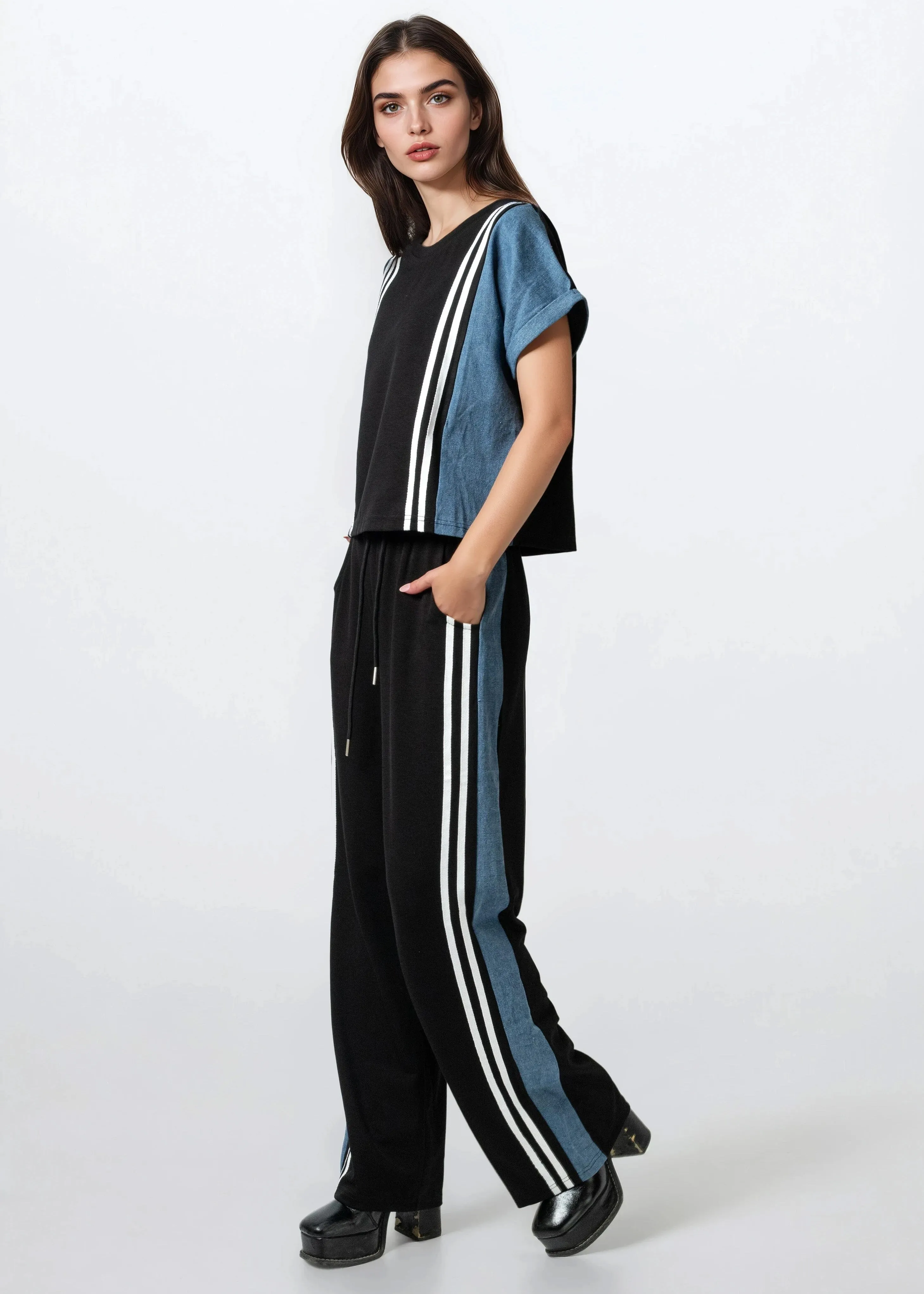 Denim Contrast Stripe Athleisure Set sold by Kate Hewko