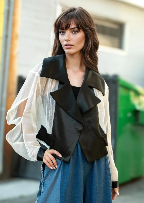 Satin Lapel Cropped Mesh Jacket sold by Kate Hewko