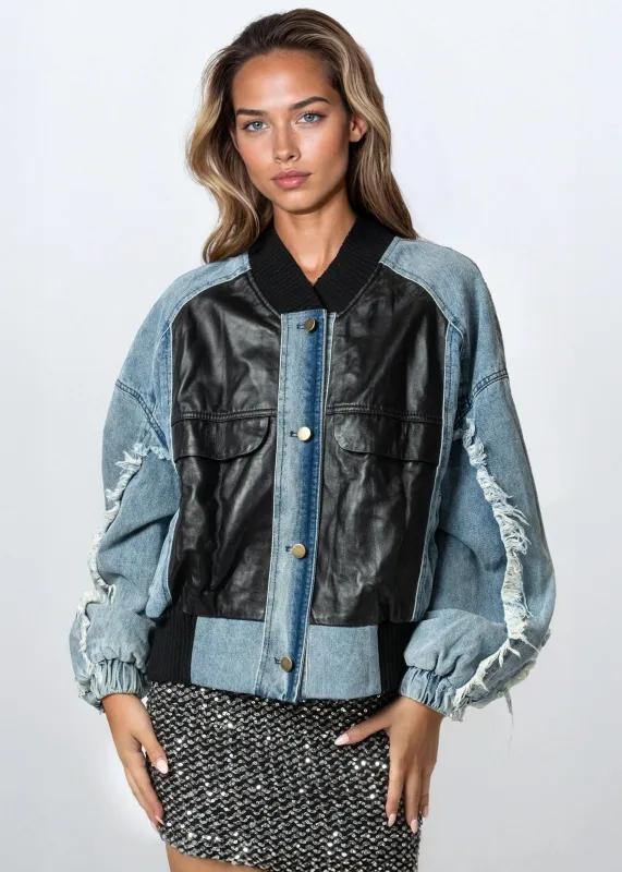 Denim Moto Patch Bomber sold by Kate Hewko