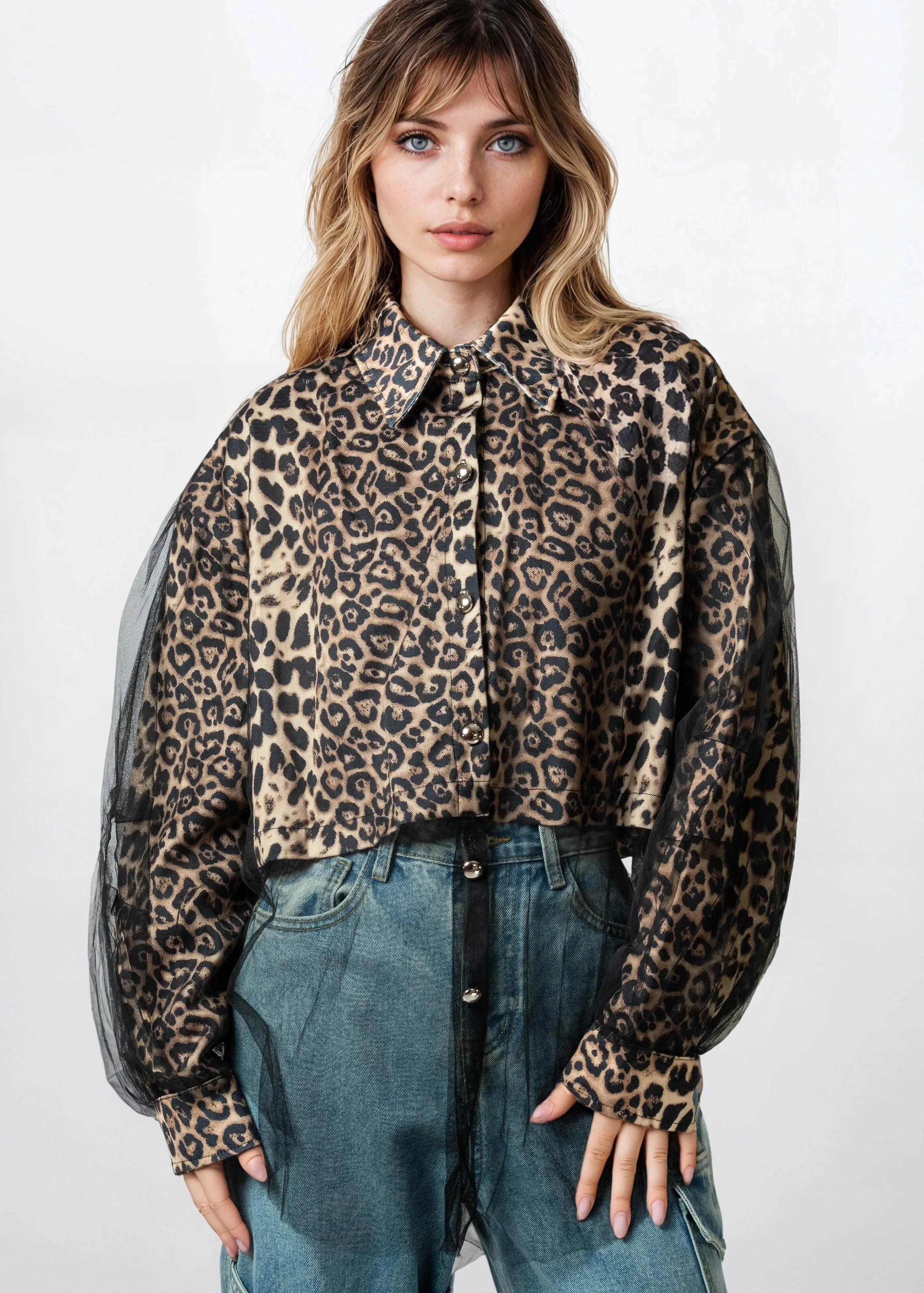 Tulle Trim Leopard Dress Shirt sold by Kate Hewko product image thumbnail 4