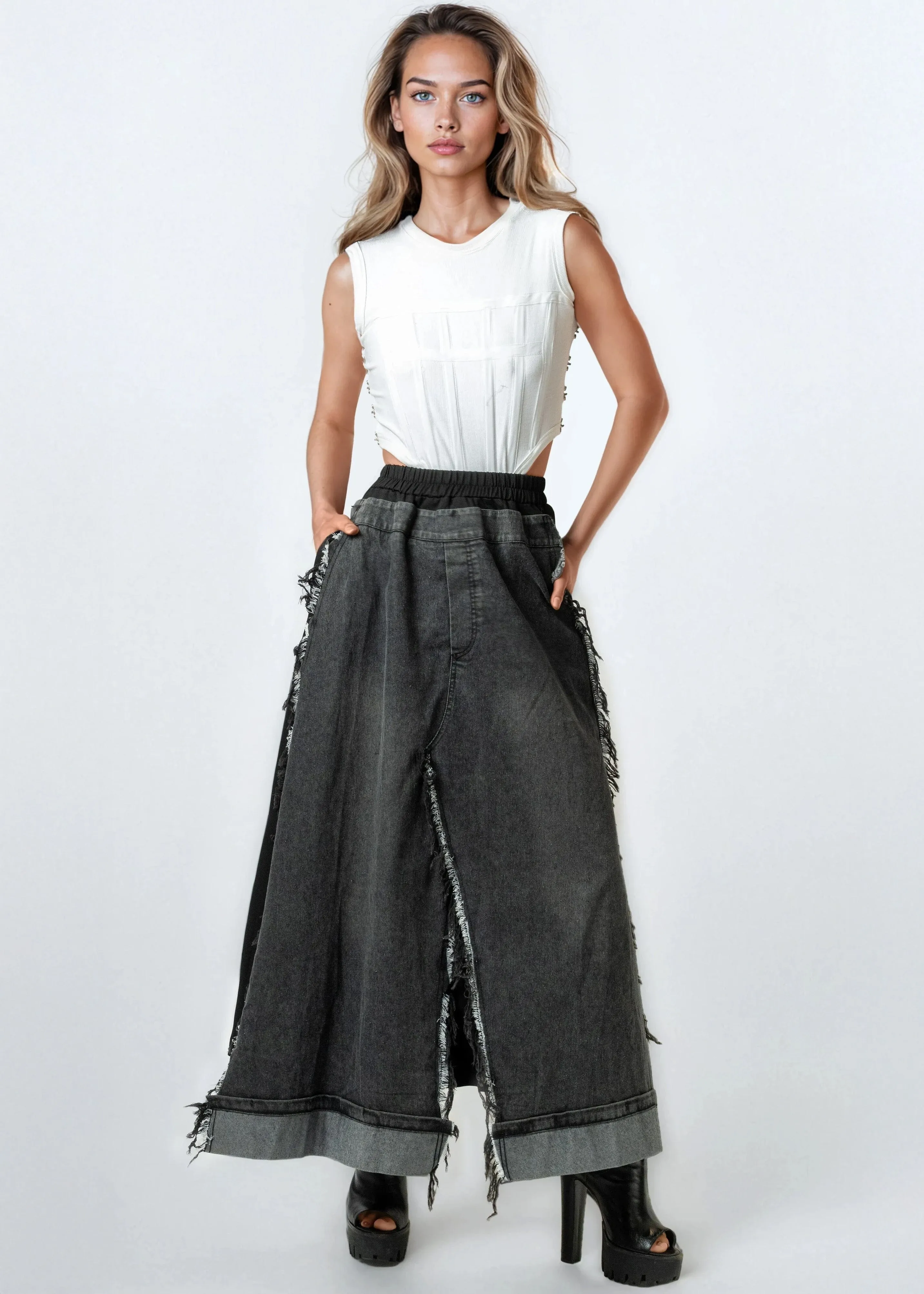 Frayed Hem Denim Panel Skirt sold by Kate Hewko