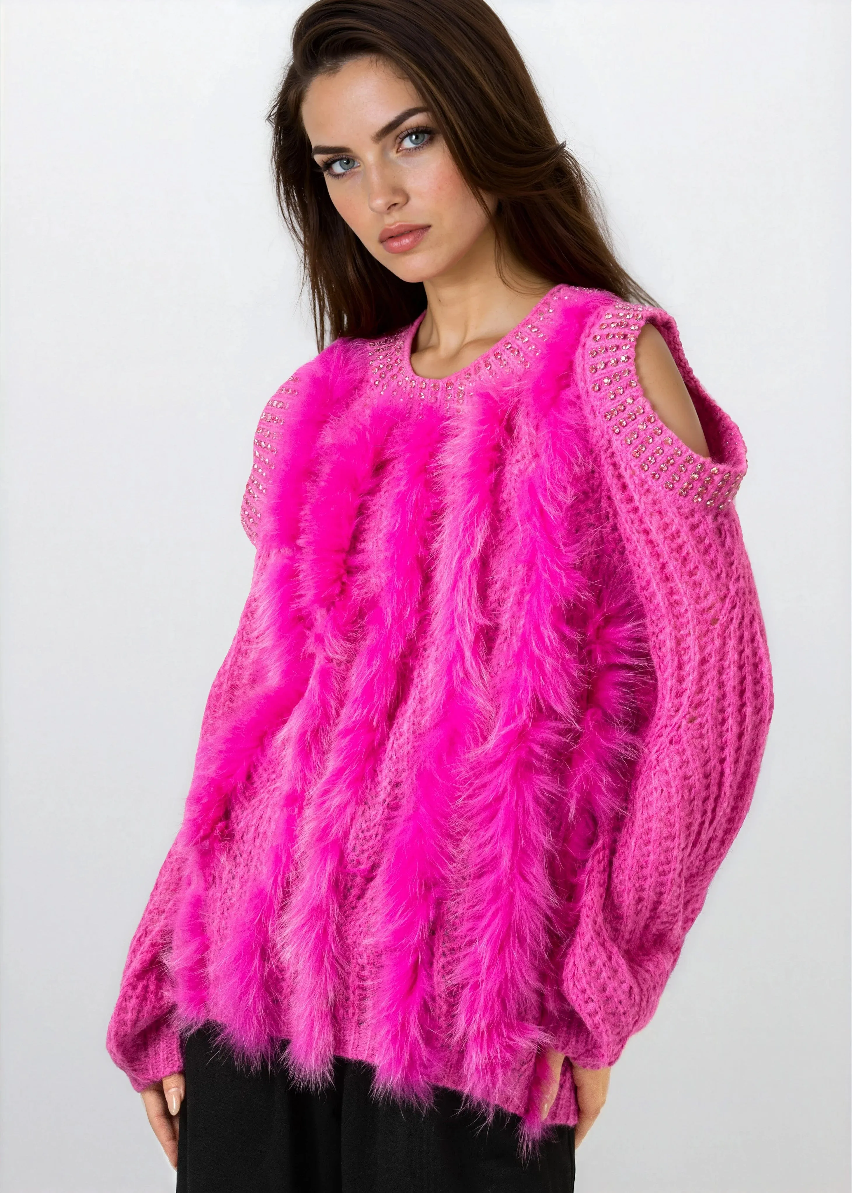 Bedazzled Cold Shoulder Faux Fur Sweater sold by Kate Hewko product image thumbnail 2